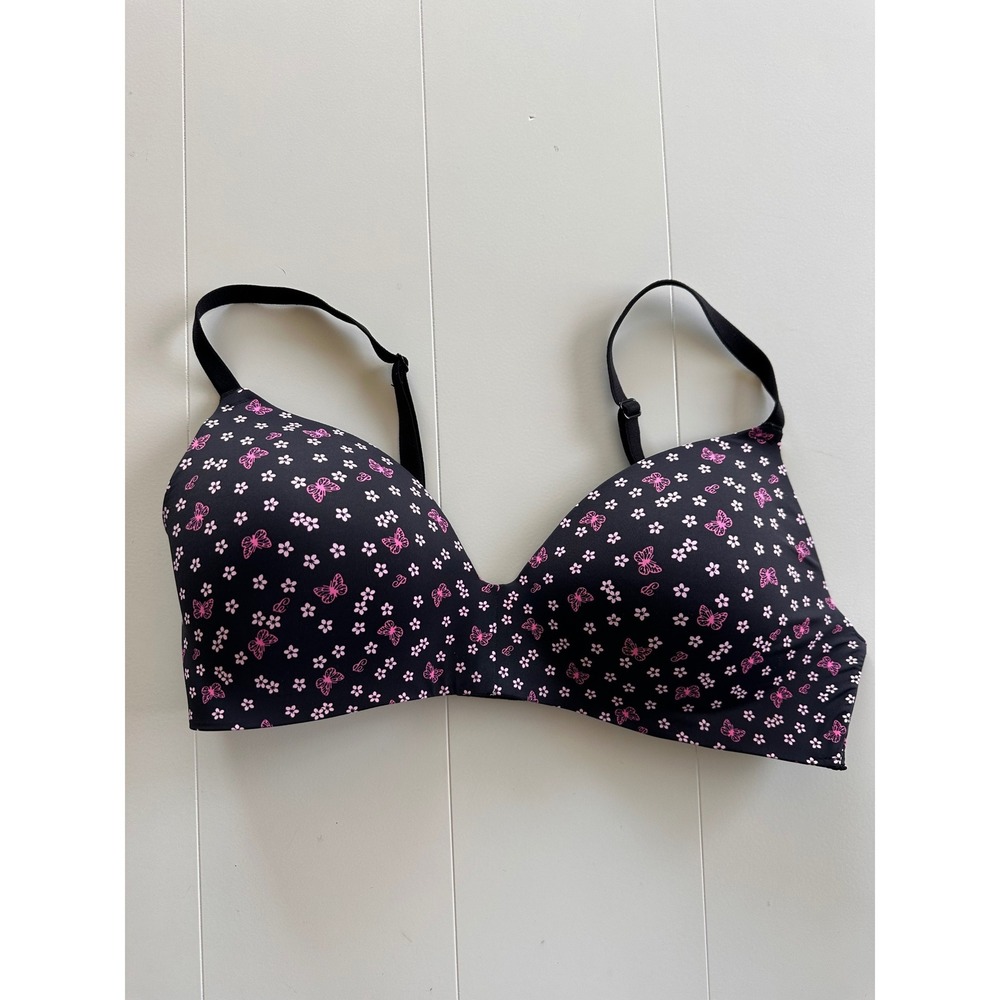 Pink Victoria's Secret Wear Everywhere Wireless Bra Black Butterfly Floral 38C